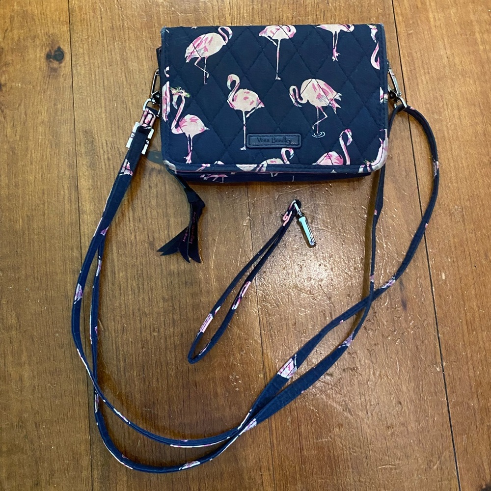 VERA BRADLEY 3 in 1 Crossbody / Wristlet Pink Flamingo Fiesta - Navy Blue